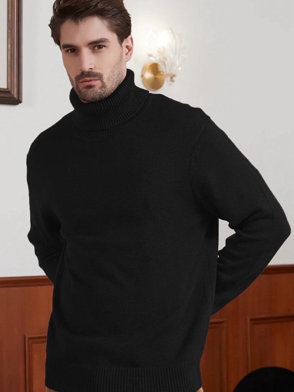 Men's Black Turtleneck Sweater - Refined Ribbed Neck